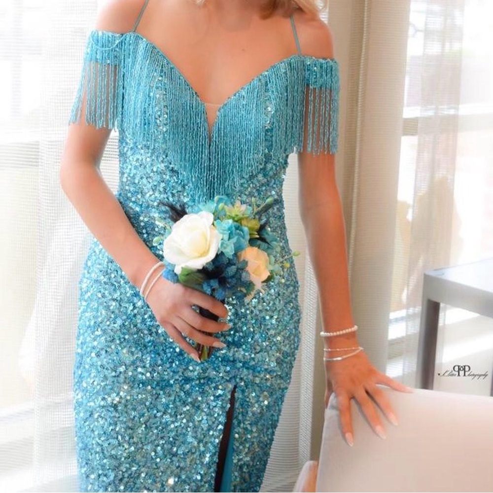 Alyce Paris Teal Blue Sequin Fringe Off-Shoulder Prom Dress
